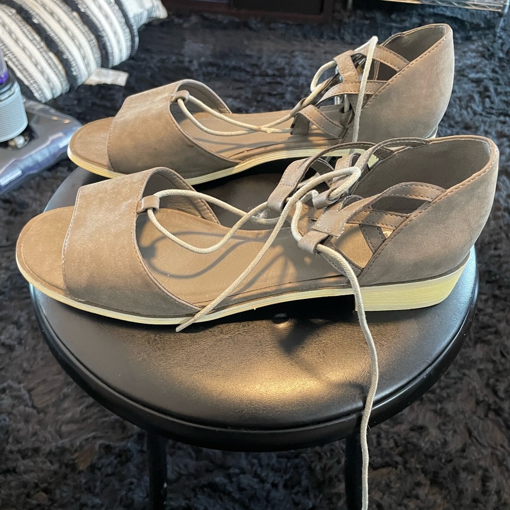 Gray open toe lace up flats, size 12